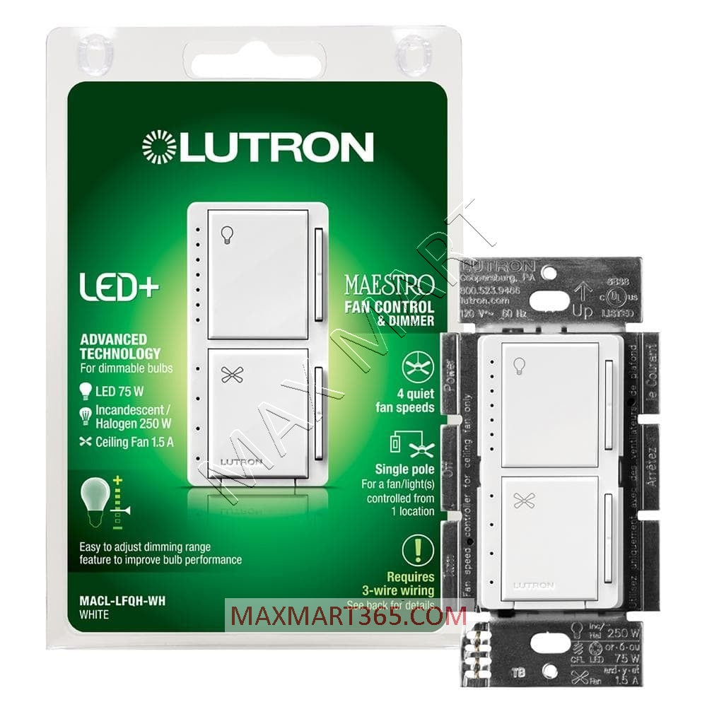 Lutron Maestro Fan Control and Light Dimmer for Dimmable LED and Incandescent Bulbs - White MACL-LFQH-WH