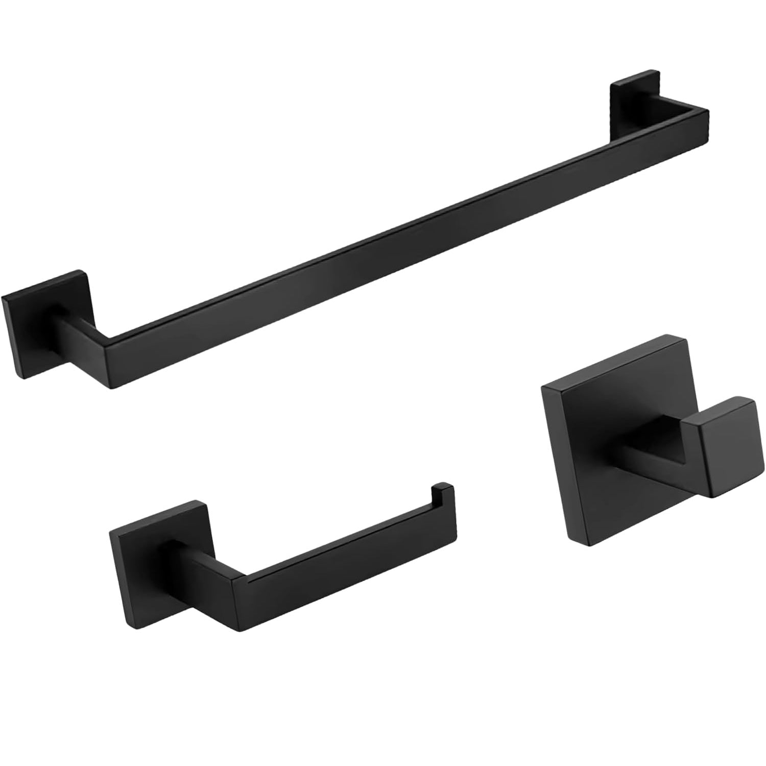 24-Inch 3-Pieces Square Towel Rack Kit Set for Bathroom, Towel Bar, Toilet Paper Holder, and Towel Robe Hook