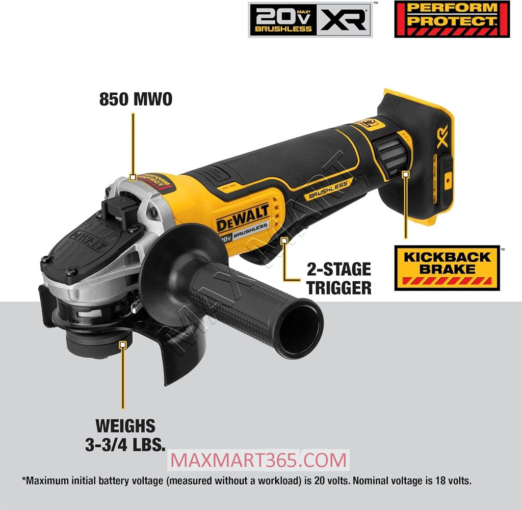 DEWALT DCG413B 20V XR Cordless Brushless Angle Grinder with Kickback Brake