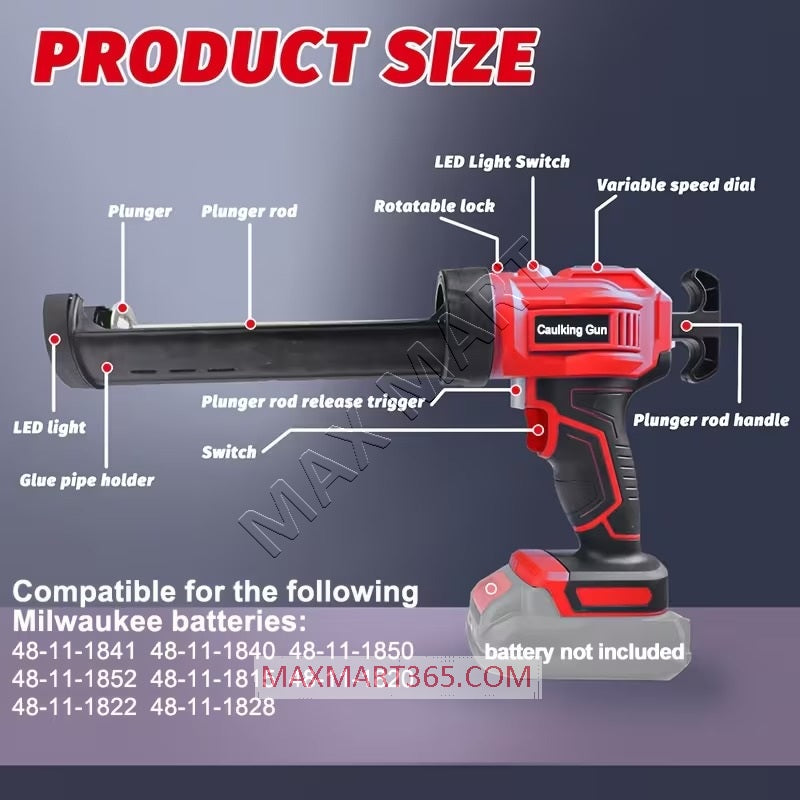 Cordless Caulking Gun for Milwaukee M18 Battery, 4 Adjustable Speeds, Anti-Drip, LED Light (Tool Only)