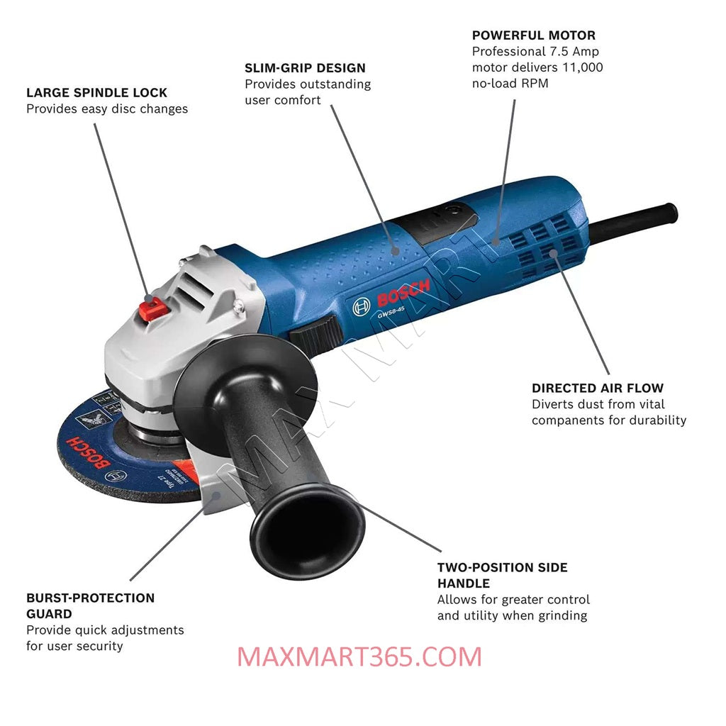 Bosch 120V Corded 4 1/2-inch Angle Grinder with Lock-On Slide Switch and Guard GWS8-45
