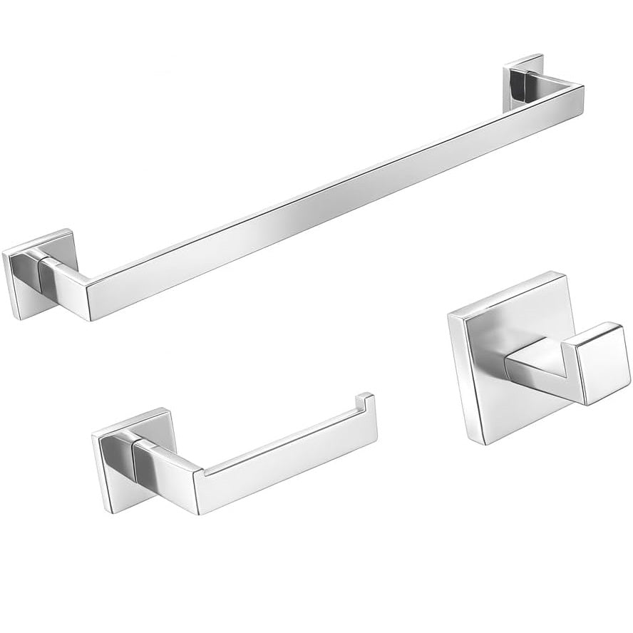 24-Inch 3-Pieces Square Towel Rack Kit Set for Bathroom, Towel Bar, Toilet Paper Holder, and Towel Robe Hook