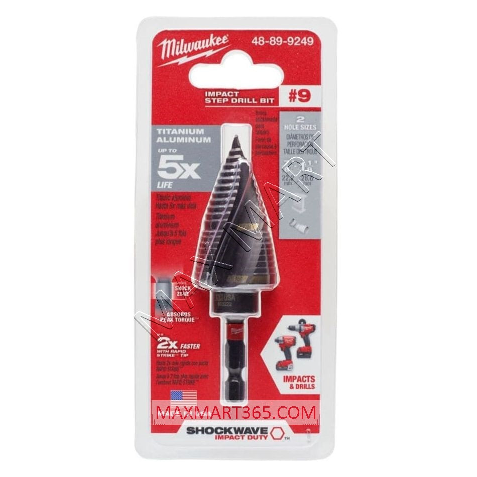 Milwaukee SHOCKWAVE #9 耐冲击钛阶梯钻头 7/8 英寸 - 1-1/8 英寸（2 阶梯）48-89-9249