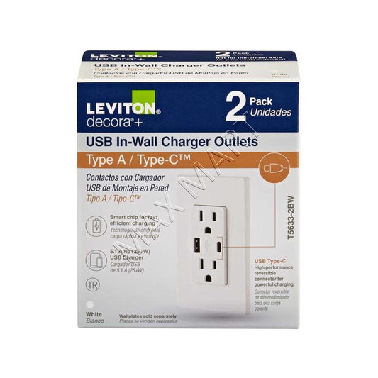 Leviton Decora+ 5.1A 25W USB 充电器插座插头 A 型/C 型（2 个装）- 白色