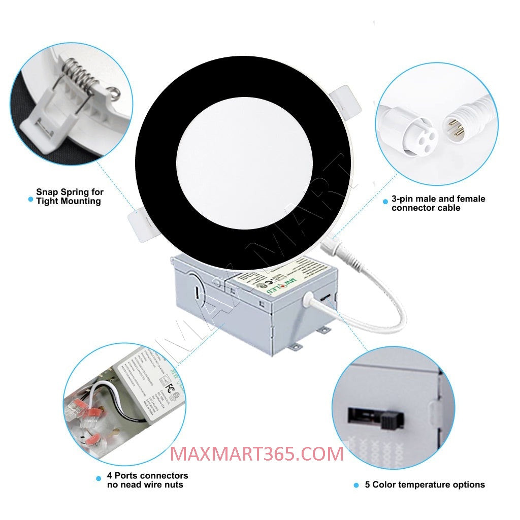 4-Inch 5CCT Black LED Recessed Slim PotLight with Junction Box, Dimmable, IC Rated, ETL Certified, Damp Rated, Indoor/Outdoor