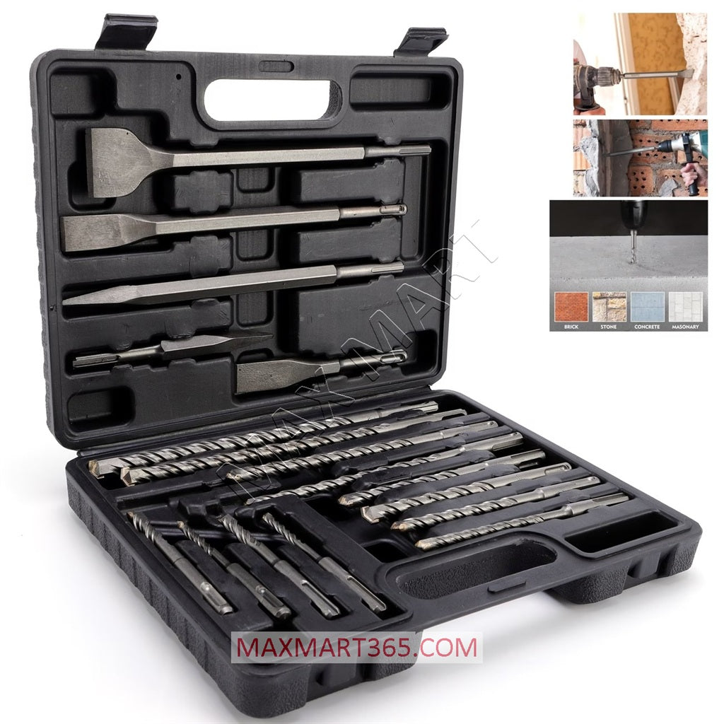 17pcs SDS Plus Rotary Hammer Drill Bits and Chisels Set w/ Hard Case for Concrete, Brick, Masonry and Stone