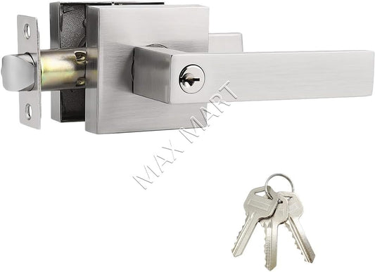 Square Door Lock with Key, Door Lockset for Front Entry Passage Bathroom Bedroom - Satin Nickel