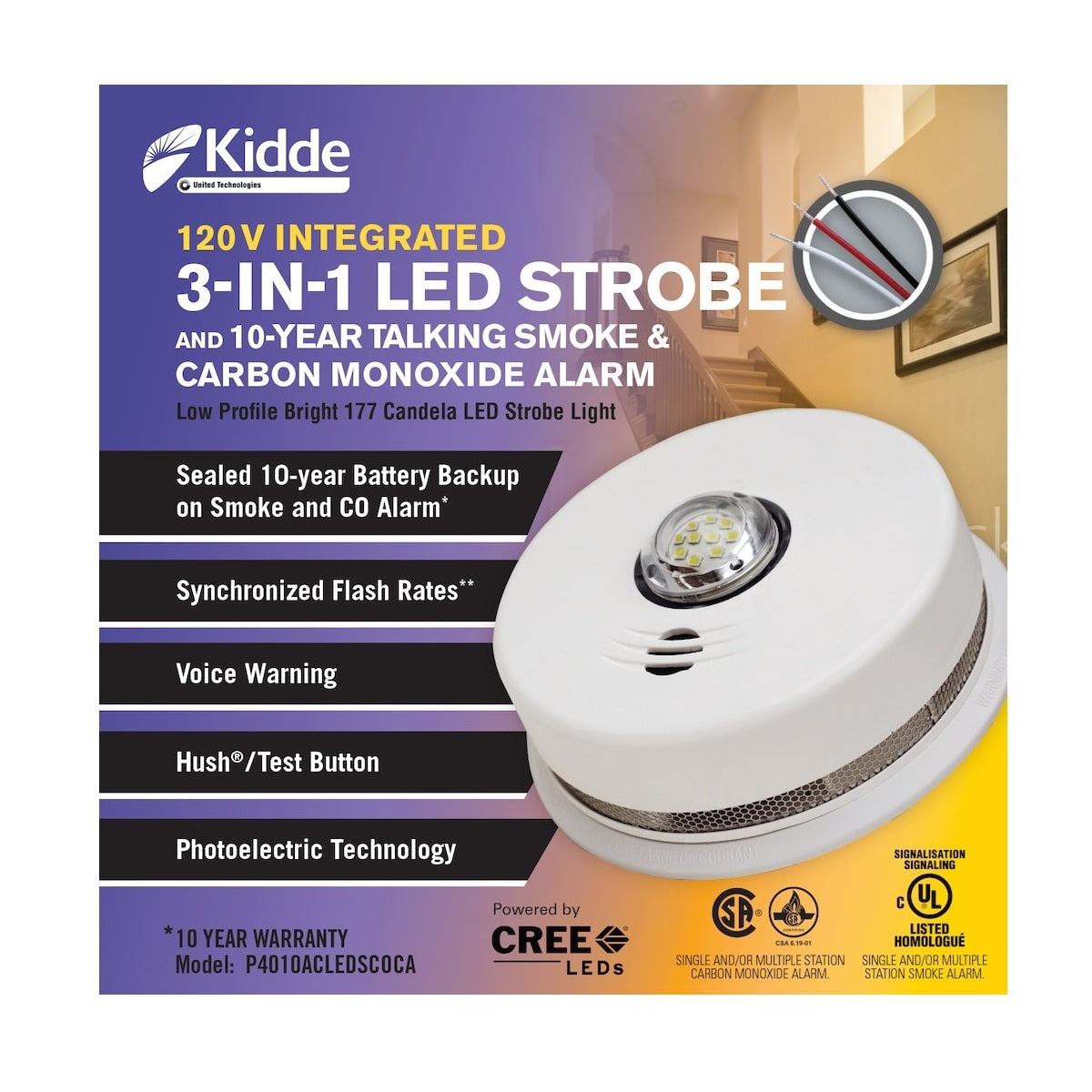 Kidde 3-in-1 3in1 Alarm Hardwire Interconnected Smoke and CO Alarm with LED Strobe Light and Voice Alert