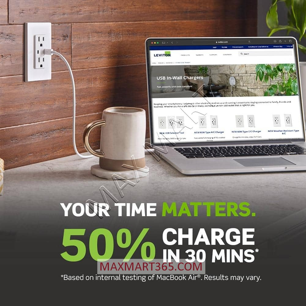 Leviton Decora+ 15A 60W USB-C Type-C Tamper Resistant TR Receptacle Outlet w/ Power Delivery Charger - White T5636-W