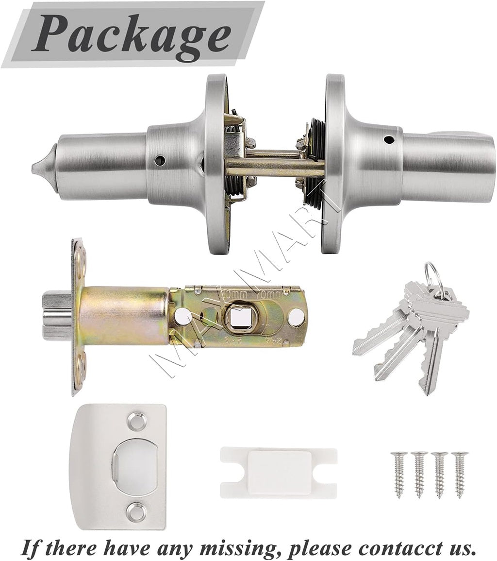 Round Door Lock Lockset with Key, Keyed Door Handle Lever for Front Entry Bathroom Bedroom - Satin Nickel