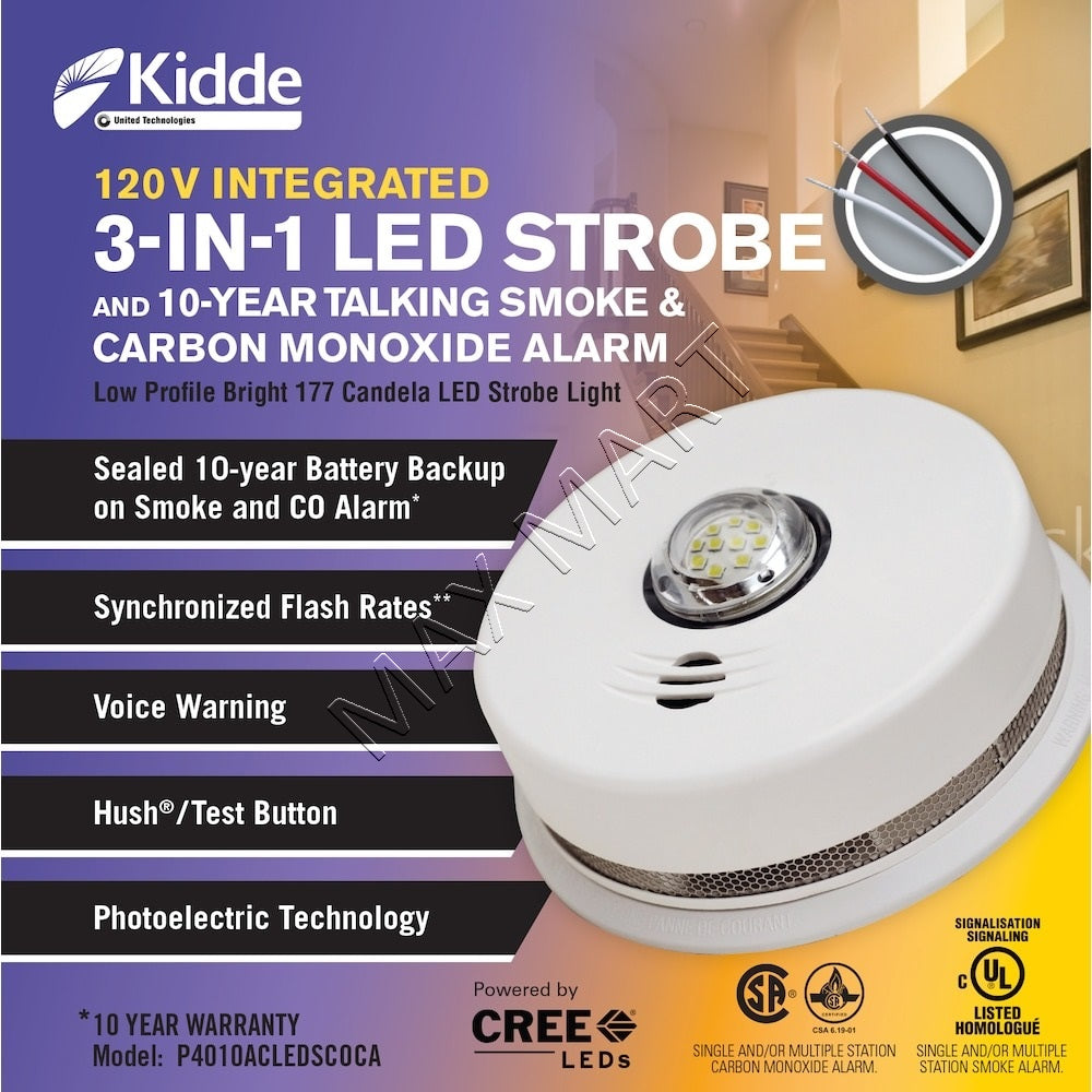 Kidde 3 in 1 3-in-1 Alarm Hardwire Interconnected Smoke and CO Alarm with LED Strobe Light and Voice Alert