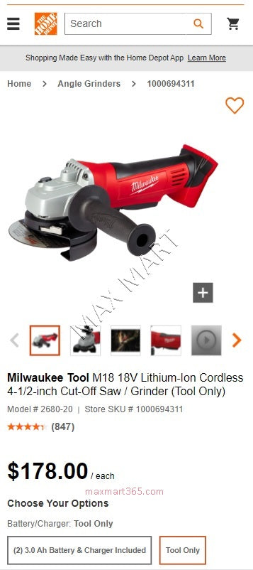 Milwaukee 2680-20 M18 18V Cordless 4-1/2-inch Cut-Off Saw Angle Grinder w/ Paddle Switch (Tool Only)