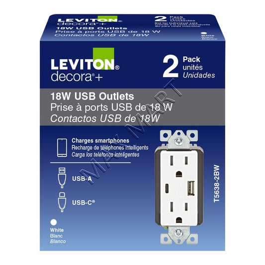 Leviton Decora+ 3.6A 18W USB Receptacle Outlet Plug Type A/Type-C (2-Pack) - White