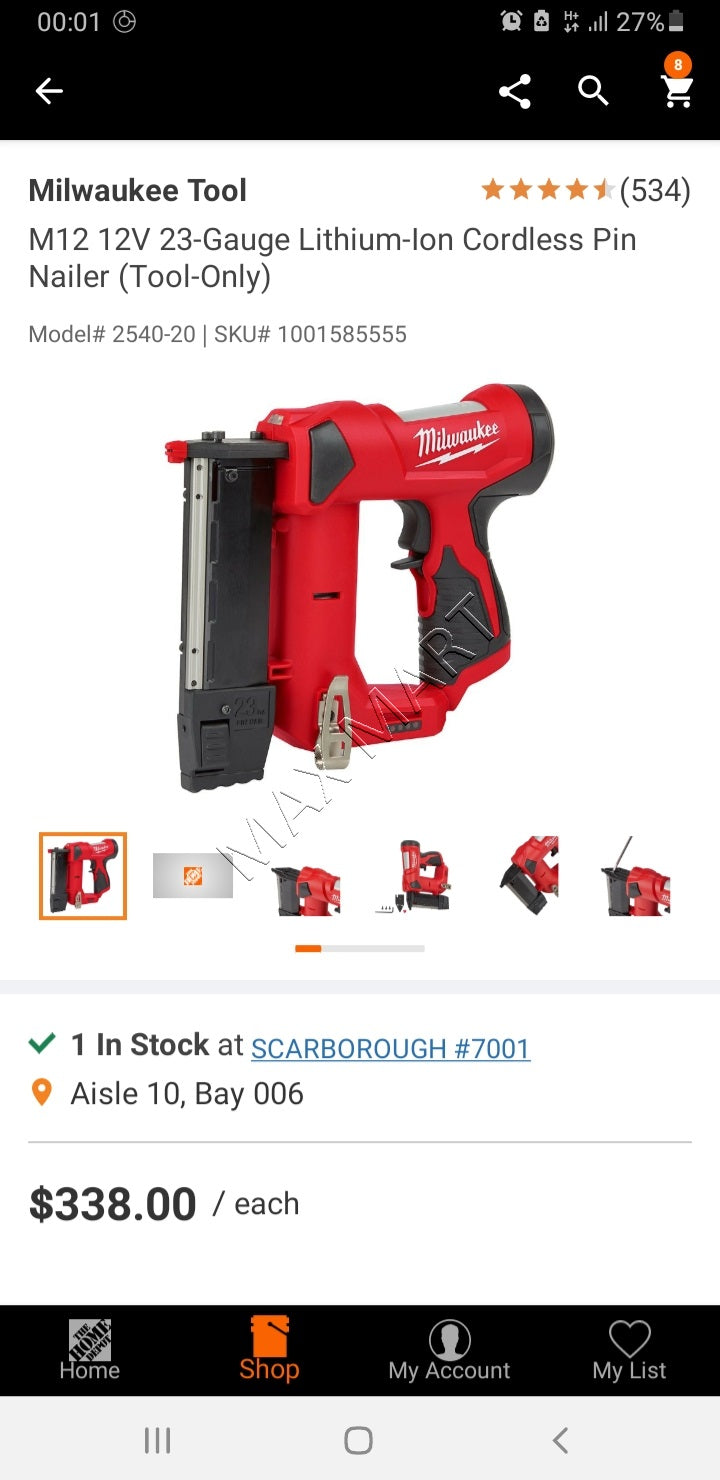 Milwaukee 2540-20 M12 23-Gauge 23GA Cordless Pin Nailer (Tool Only)