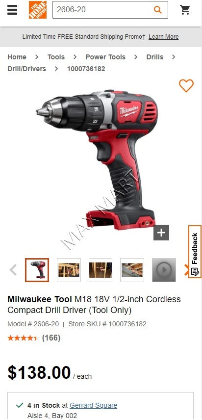 Milwaukee 2606-20 M18 18V 1/2-inch Cordless Compact Drill Driver (Tool Only)