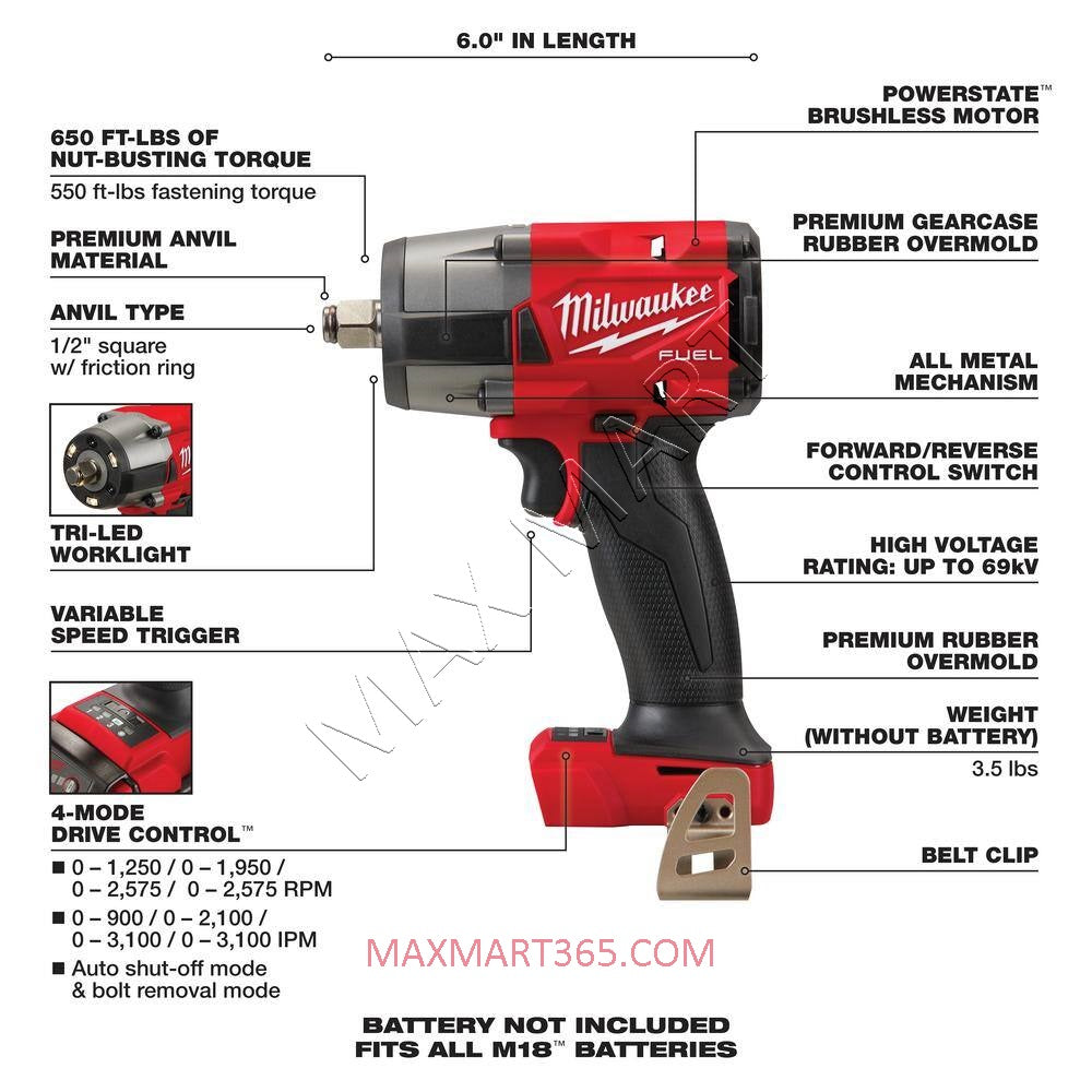 Milwaukee 2962-20 M18 FUEL GEN-2 Mid Torque 1/2-inch Impact Wrench w/ Friction Ring (Tool Only)