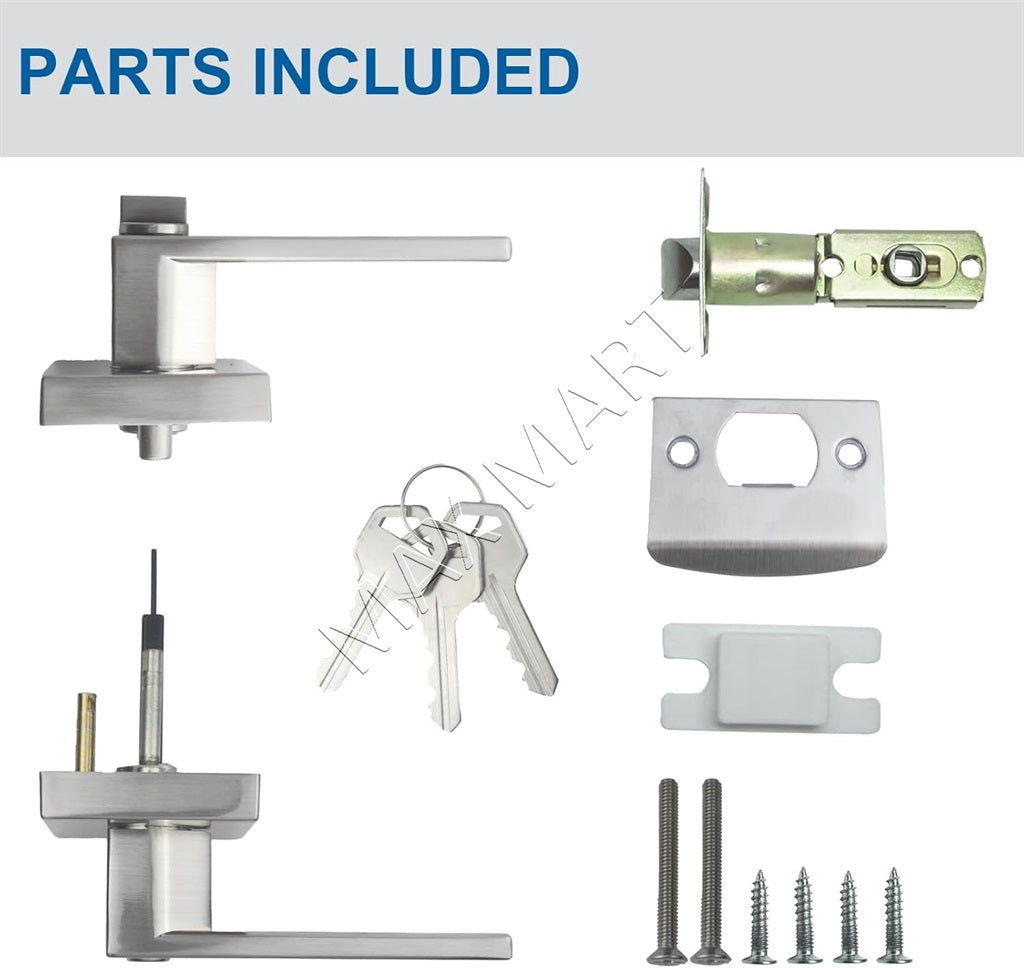 Square Door Lock with Key, Door Lockset for Front Entry Passage Bathroom Bedroom - Satin Nickel