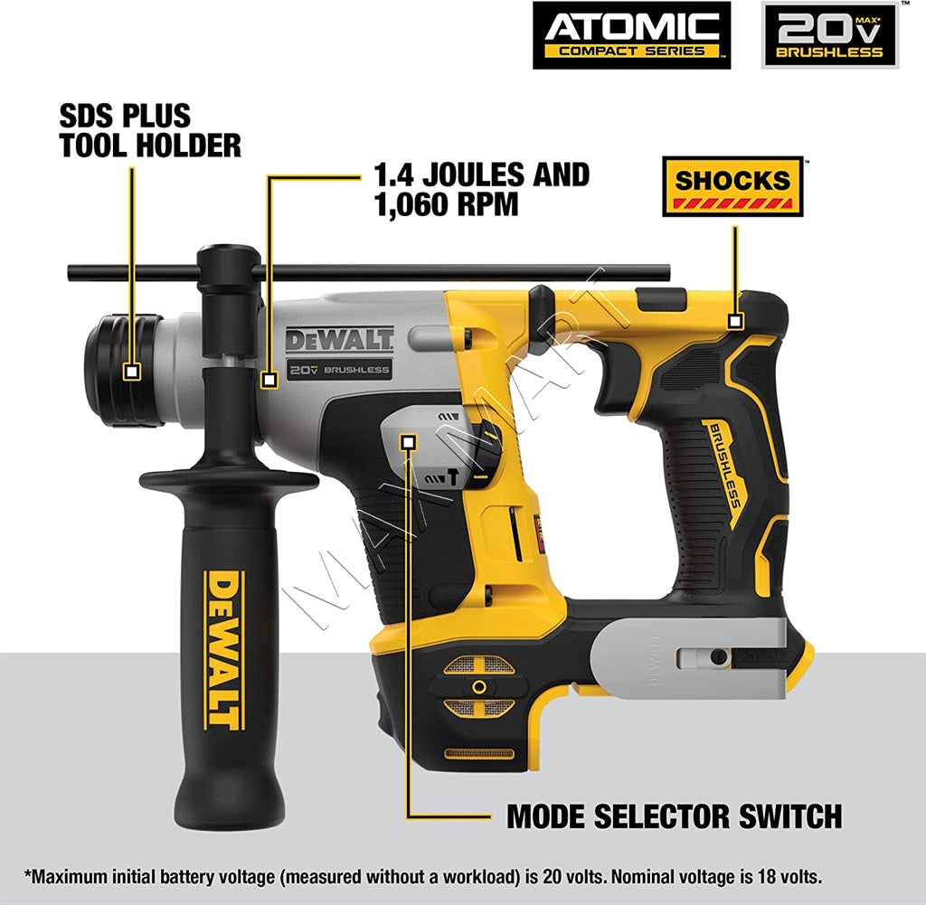 DEWALT DCH172B 20V ATOMIC 无刷无绳 5/8 英寸 SDS Plus 旋转锤