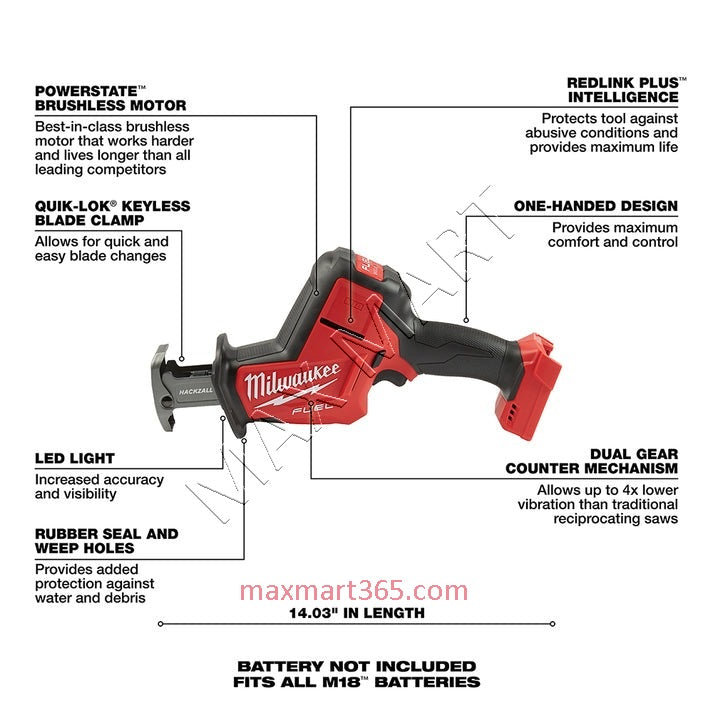 密尔沃基 2719-20 M18 FUEL 无刷无绳单手 HACKZALL 往复锯（仅工具）