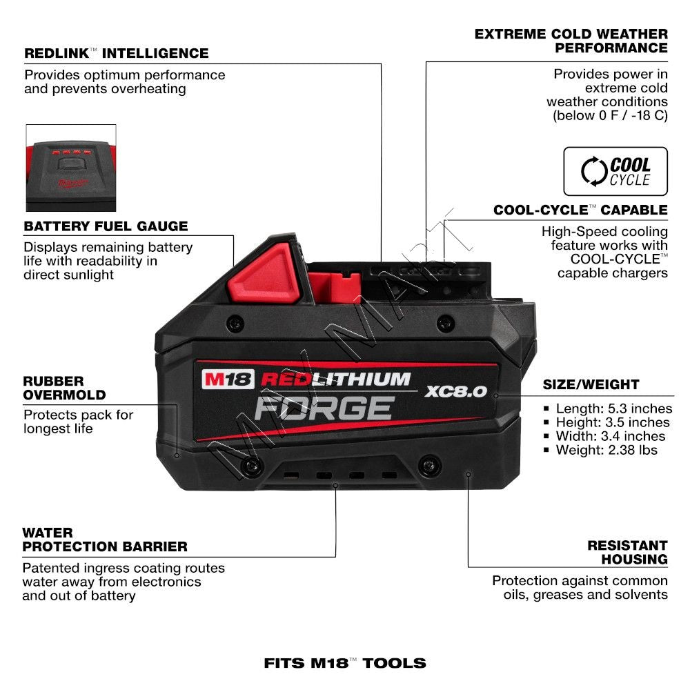 Milwaukee M18 18V Lithium-Ion REDLITHIUM FORGE 8.0Ah 8Ah Battery 48-11-1881