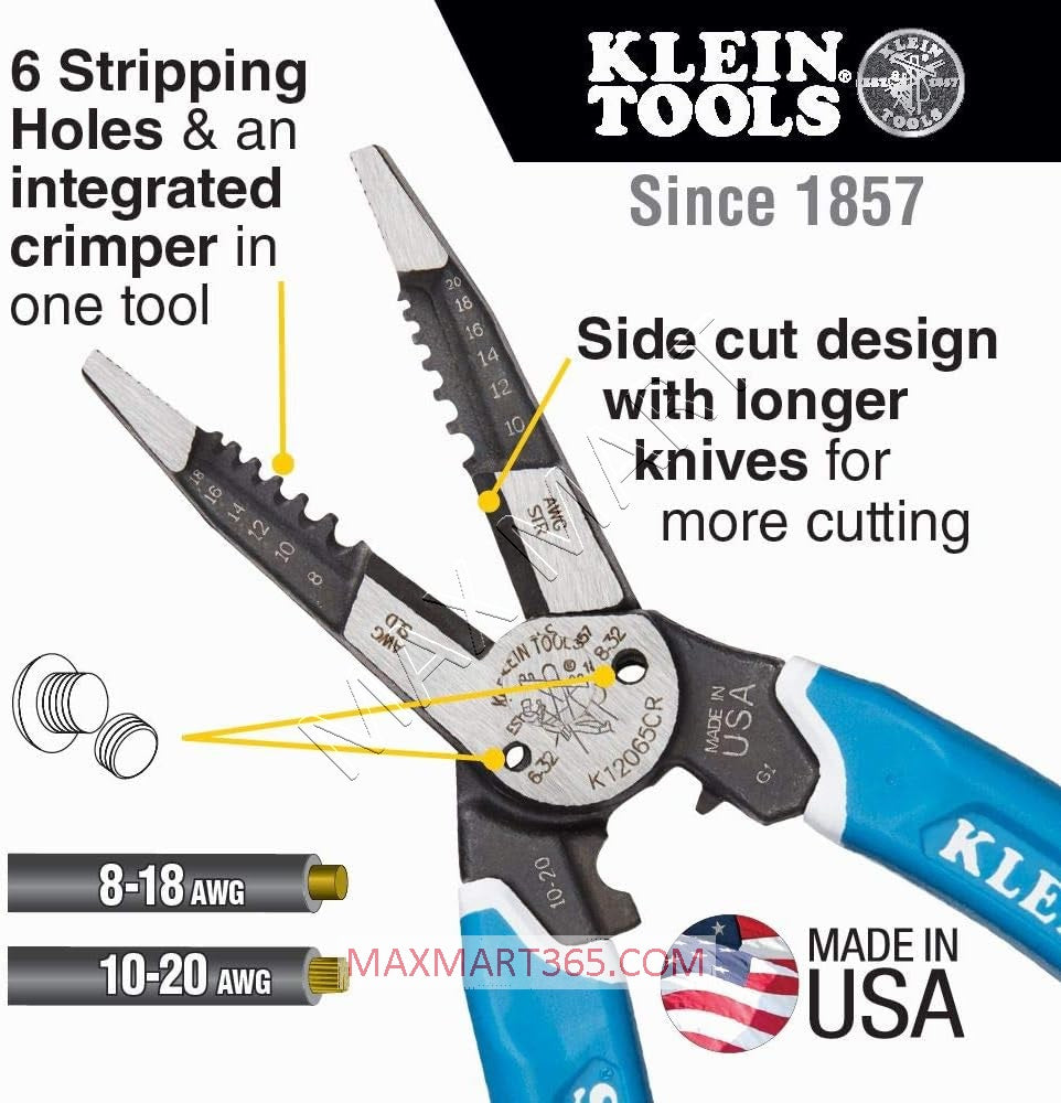 Klein Tools K12065CR Heavy-Duty Wire Stripper Cutter Crimper Tool for Cutting, Stripping, Crimping, Twisting 8-20 AWG (8-18 AWG Solid, 10-20 AWG Stranded)
