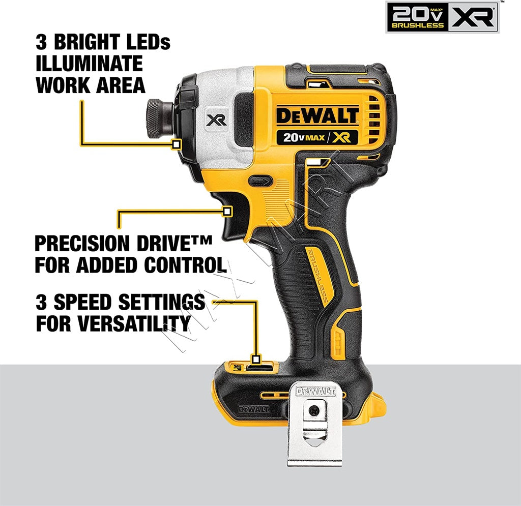 DEWALT DCF887B 20V XR 无绳无刷 3 速 1/4 英寸冲击起子机（仅工具）