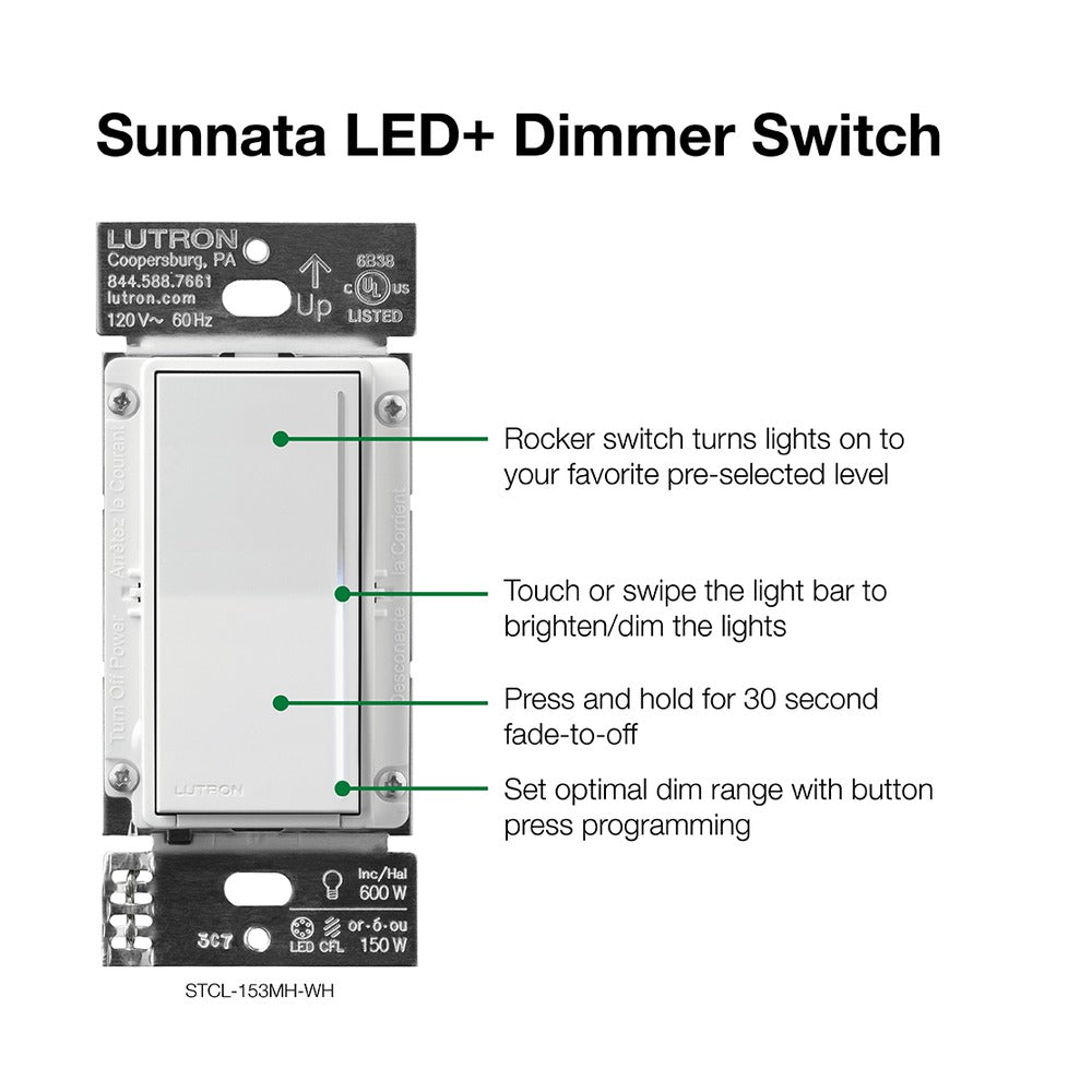 Lutron Sunnata Touch LED+ 调光器，单极/3 路，STCL-153MR-WH-C - 白色