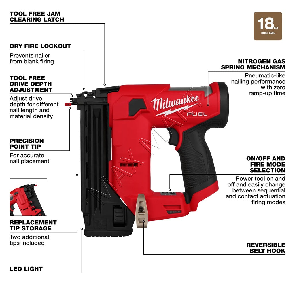 Milwaukee 2541-20 M12 FUEL Brushless Cordless 18-Gauge 18ga Brad Nailer (Tool Only)