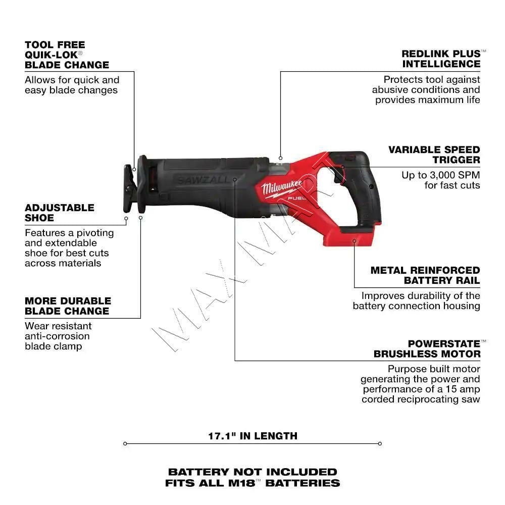 Milwaukee 2821-20 M18 FUEL GEN-2 Brushless Cordless SAWZALL Reciprocating Saw (Tool Only)