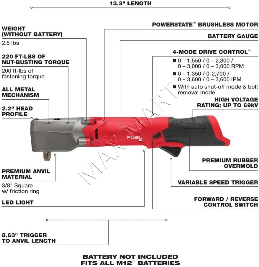Milwaukee 2564-20 M12 Fuel Brushless Cordless 3/8-inch Right Angle Impact Wrench (Tool Only)