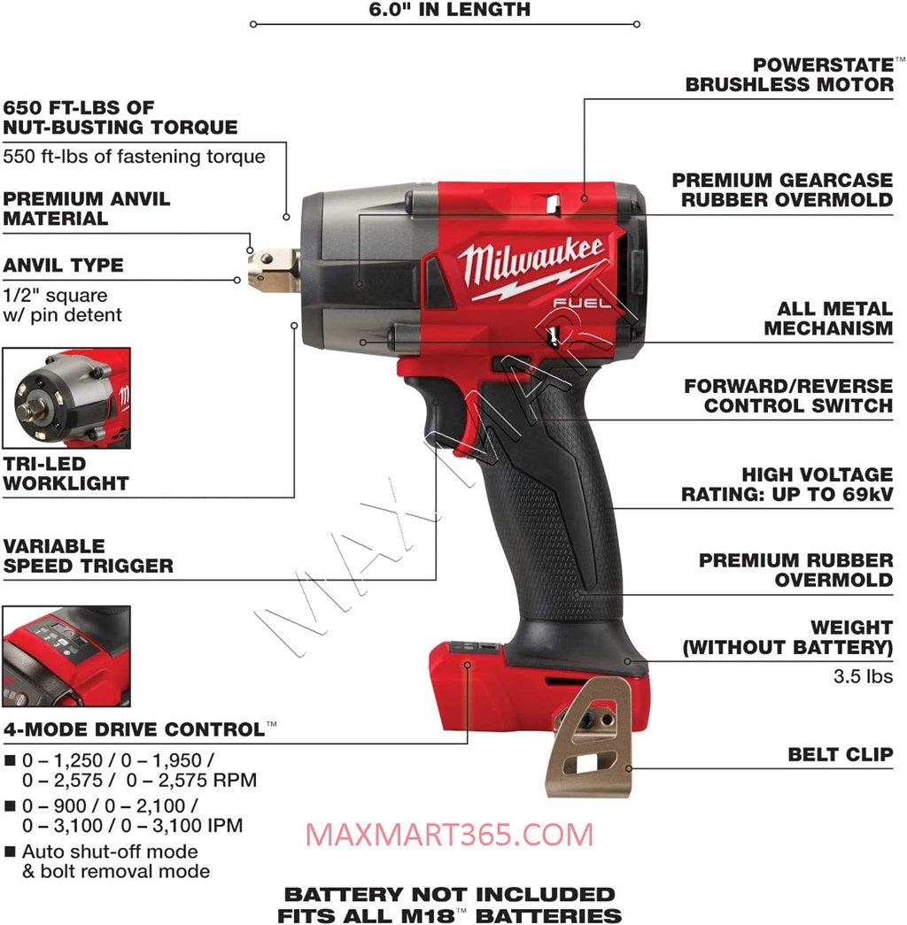 Milwaukee 2962P-20 M18 FUEL GEN-2 Mid Torque 1/2-inch Impact Wrench w/ Pin Detent (Tool Only)