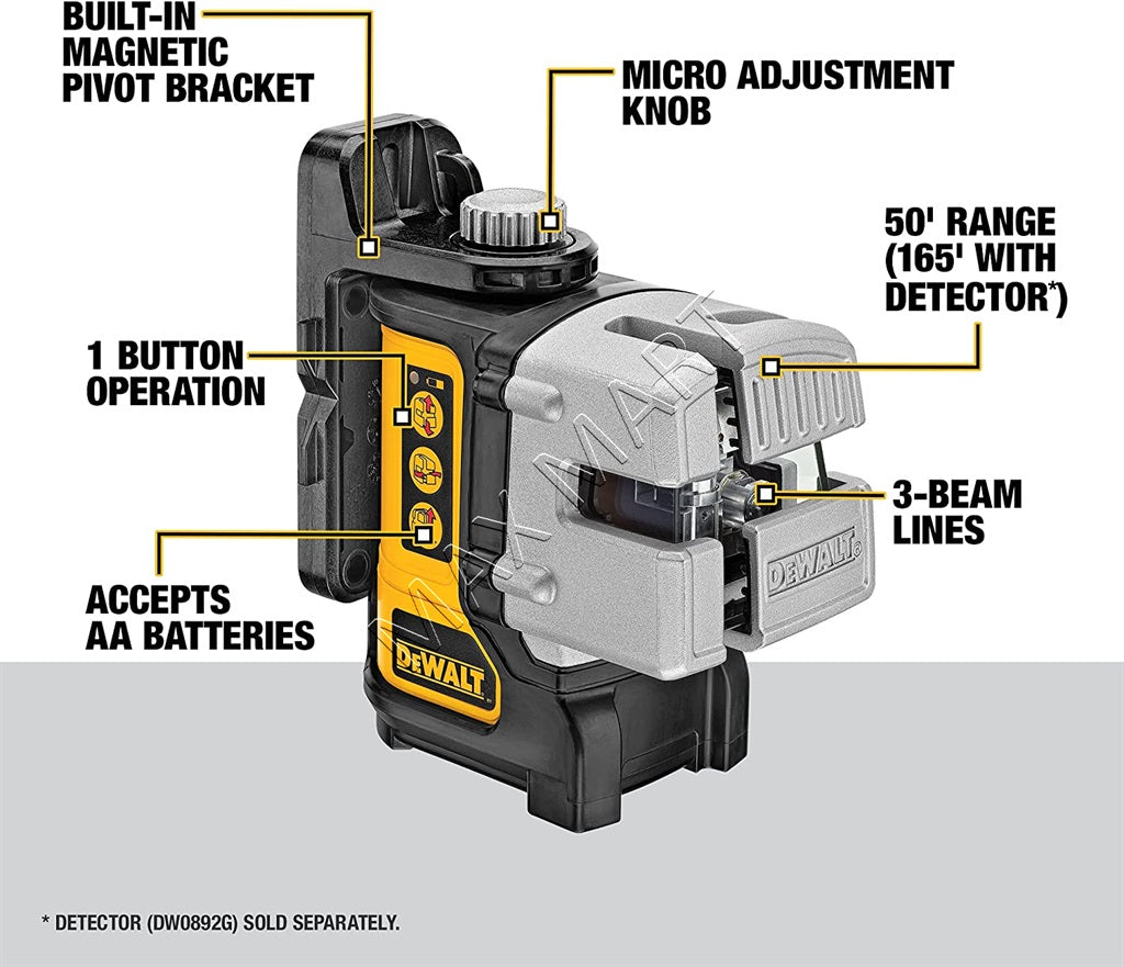 DEWALT 50 英尺和 165 英尺红色自动调平 3 光束十字线激光水平仪套件 DW089K DW089