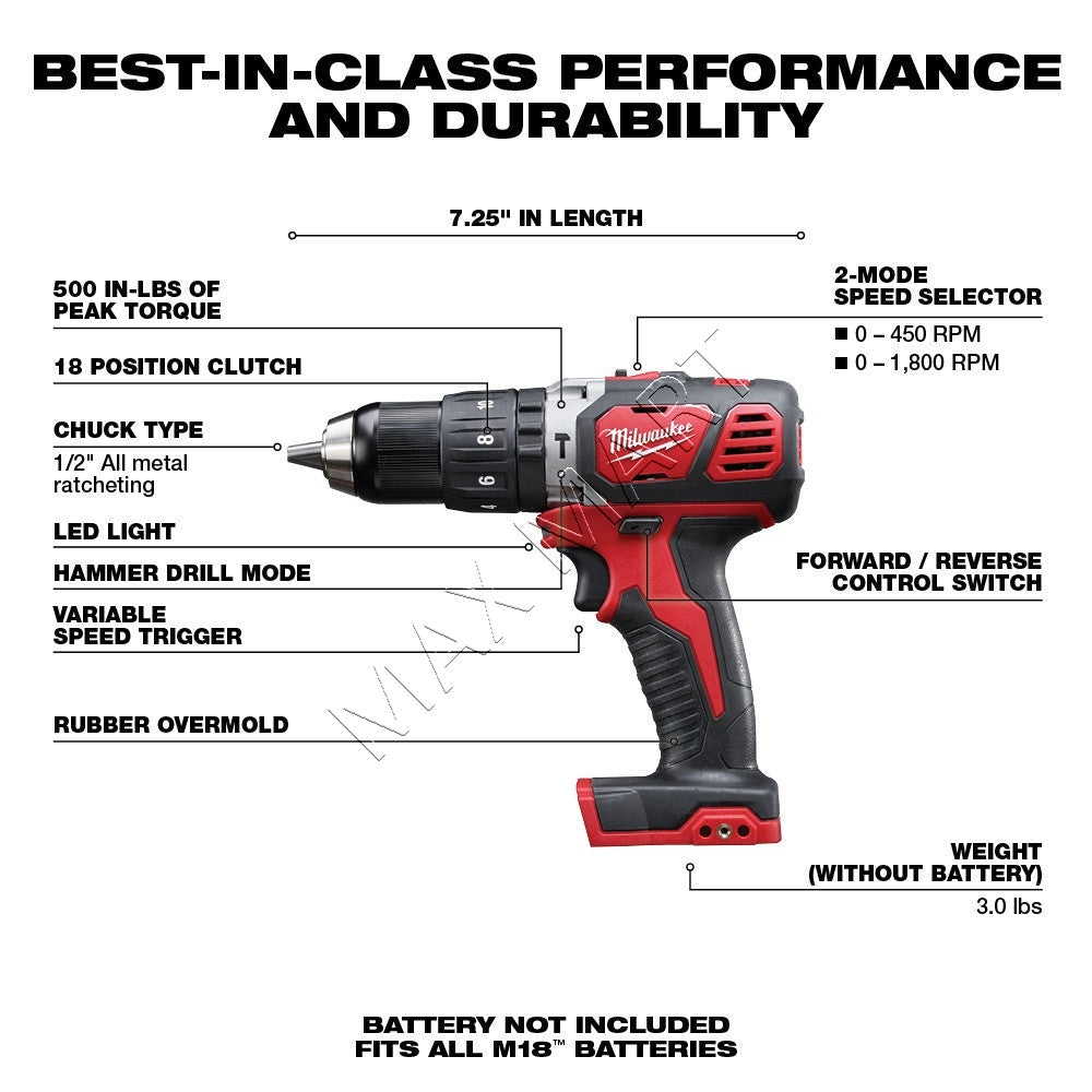 Milwaukee 2607-20 M18 Cordless Compact 1/2-inch Hammer Drill/Driver (Tool Only)