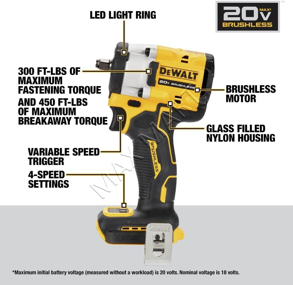 DEWALT DCF923B 20V ATOMIC 无刷无绳 3/8 英寸冲击扳手枪（仅工具）