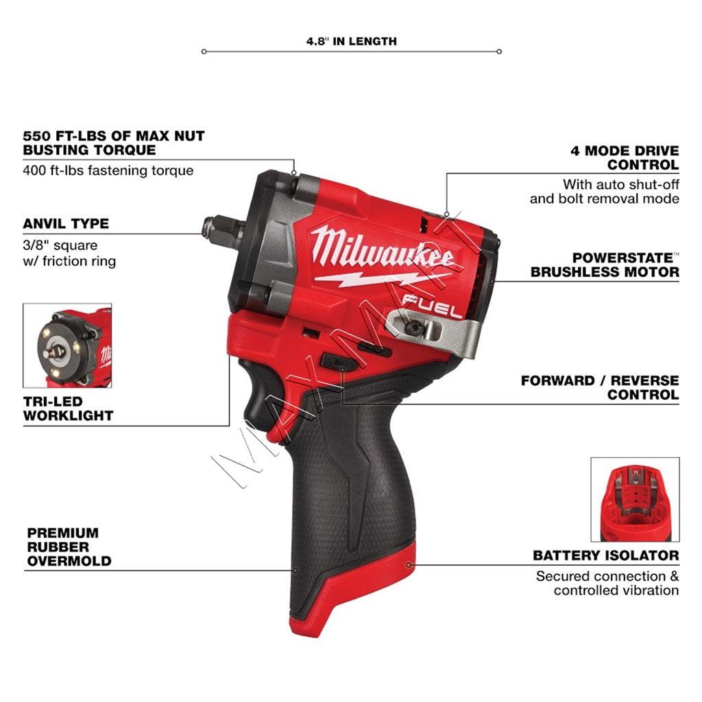 Milwaukee 2562-20 M12 FUEL Brushless Cordless 3/8-inch Stubby Impact Wrench (Tool Only)