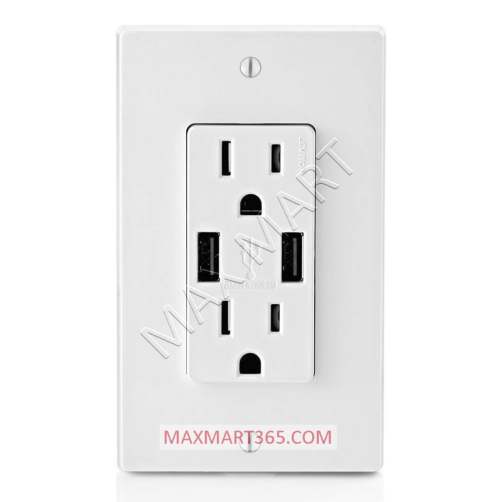 Leviton Decora+ 3.6A 18W USB-A Charger Tamper-Resistant TR Receptacle Outlet Plug w/ Cover Plate - White