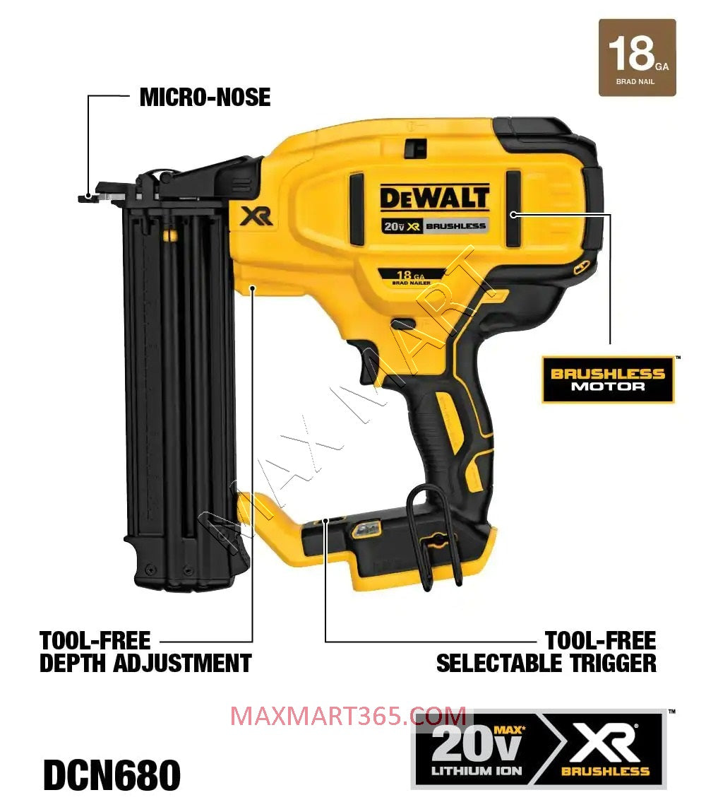 DEWALT DCN680B 20V XR 18-Gauge 18GA Brushless Cordless Brad Nailer (Tool Only)