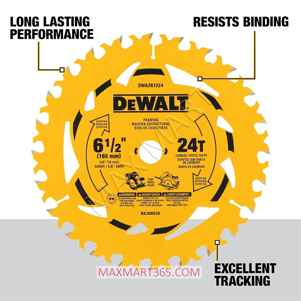 DEWALT 6-1/2-Inch x 24 Tooth 24T Carbide Tipped Framing Circular Saw Blade DWA261224