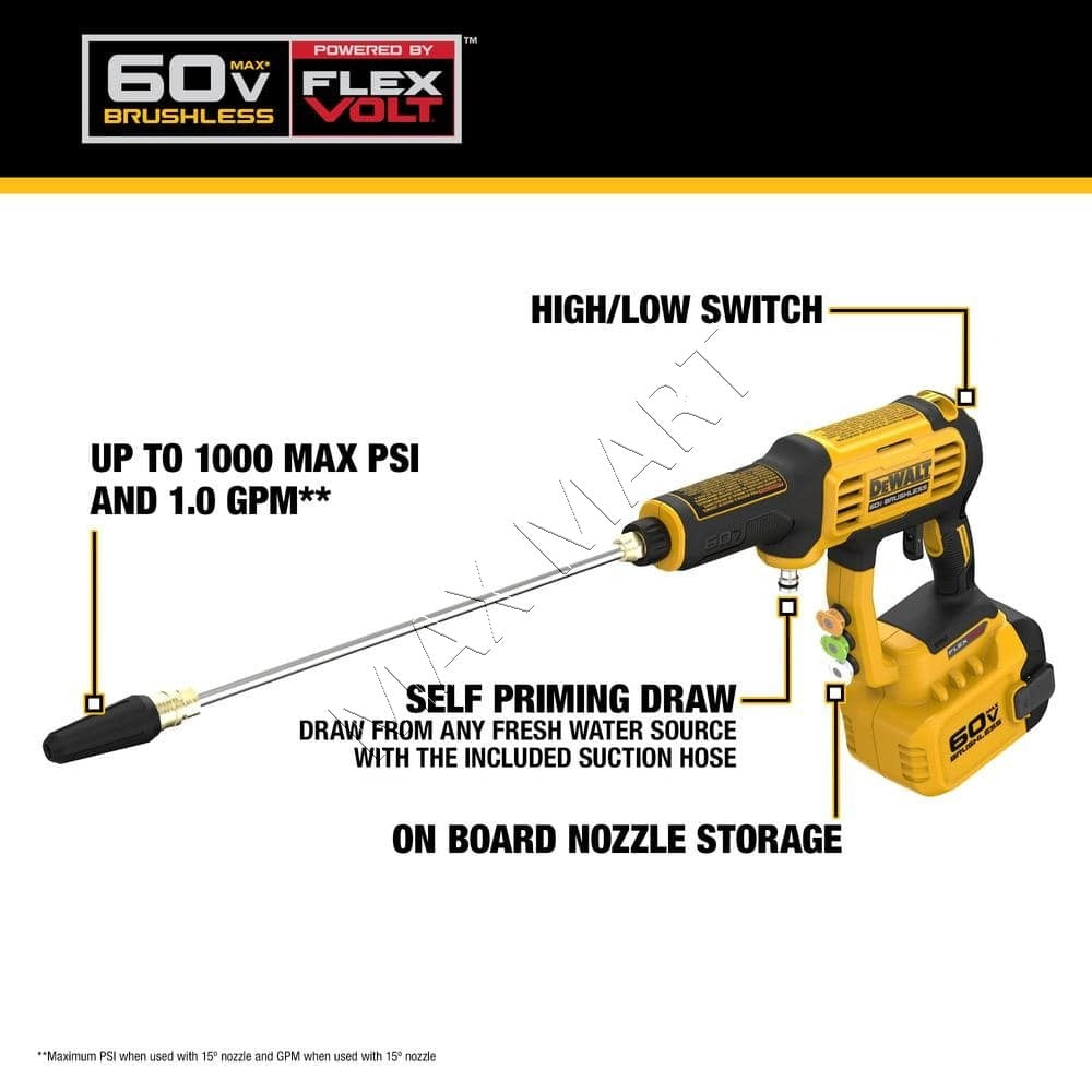 DEWALT 60V FLEXVOLT 1​​000 PSI 1.0 GPM 无绳电动清洁器高压清洗机 DCPW1000 DCPW1000B（仅工具）