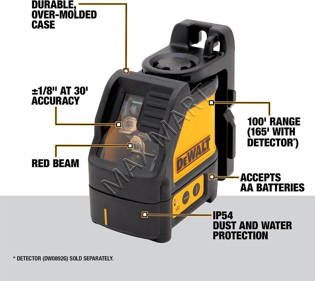 DEWALT 165 英尺红光束自动调平十字线激光水平仪套件 DW088 DW088K