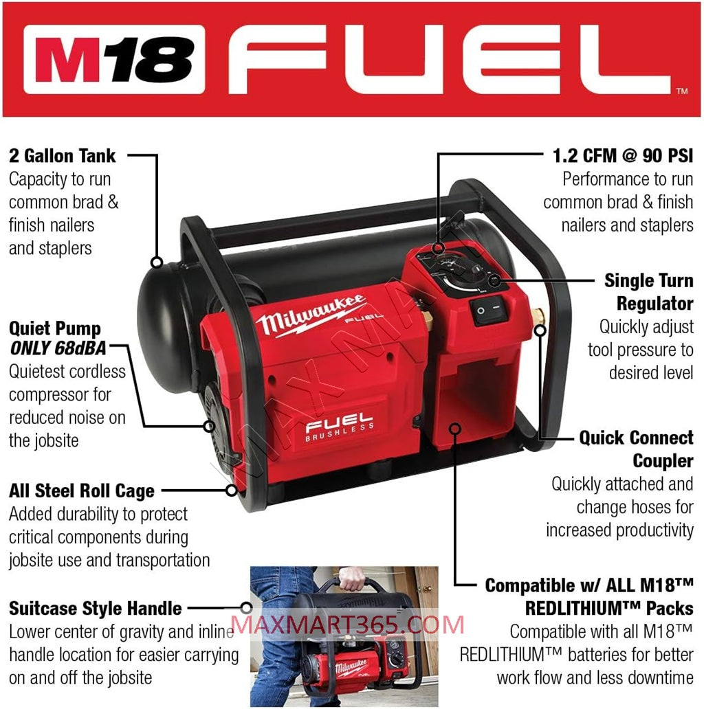 Milwaukee 2840-20 M18 FUEL 无刷无绳 2 加仑电动紧凑型静音空压机（仅限工具）