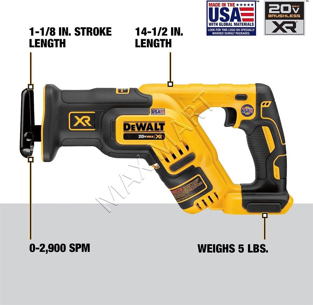 DEWALT DCS367B 20V XR 无刷紧凑型往复锯 Sawzall（仅工具）