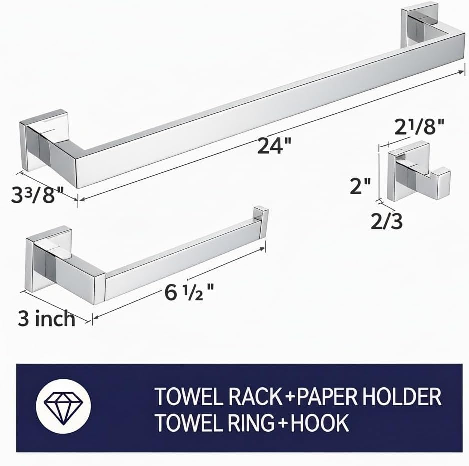 24-Inch 3-Pieces Square Towel Rack Kit Set for Bathroom, Towel Bar, Toilet Paper Holder, and Towel Robe Hook
