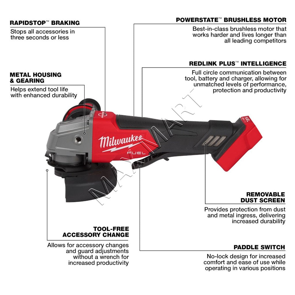 Milwaukee 2880-20 M18 FUEL Brushless Cordless 4-1/2-inch/5-inch Angle Grinder w/ Paddle Switch(Tool Only)