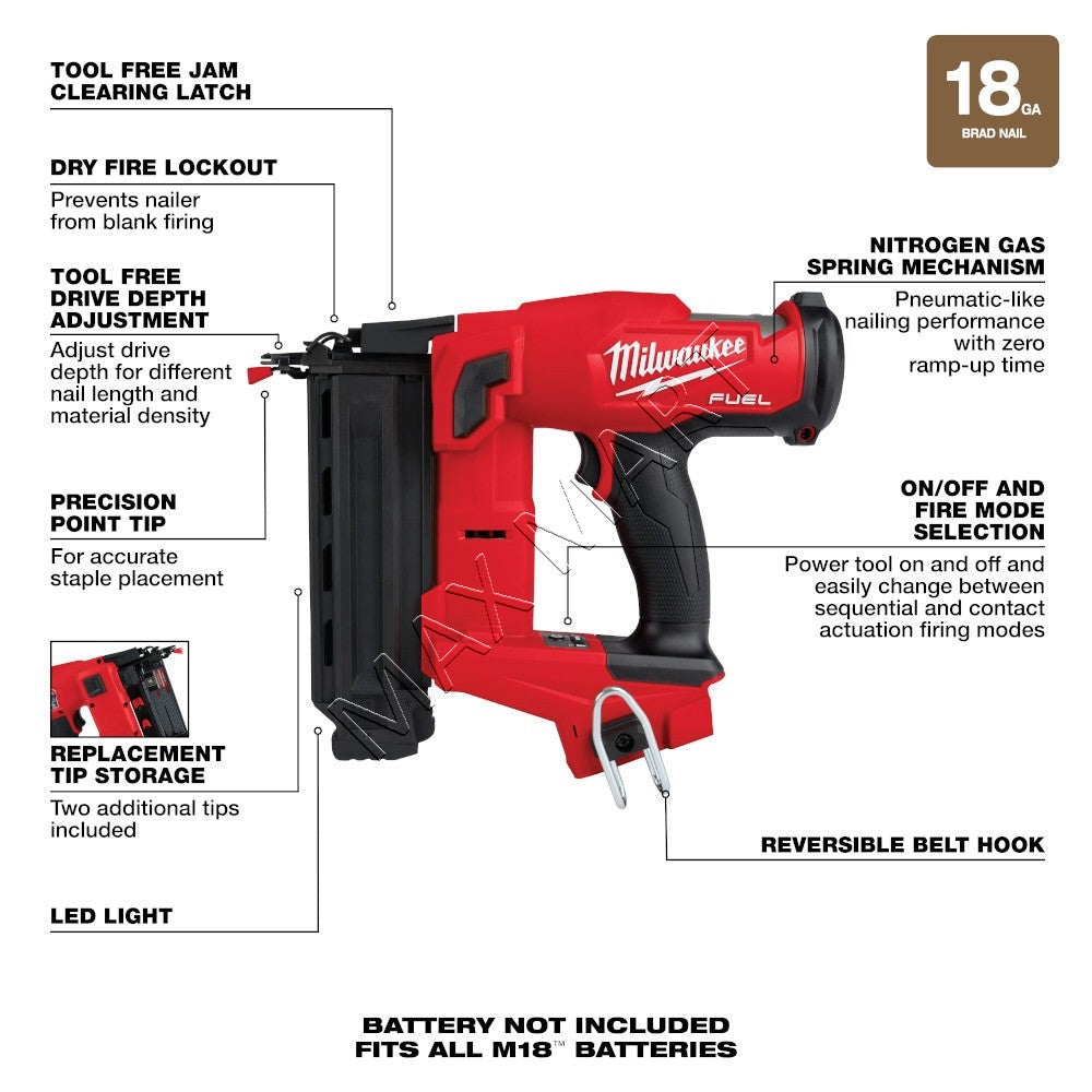 Milwaukee 2746-20 M18 FUEL Brushless Cordless Gen-2 18-Gauge 18ga Brad Nailer (Tool Only)