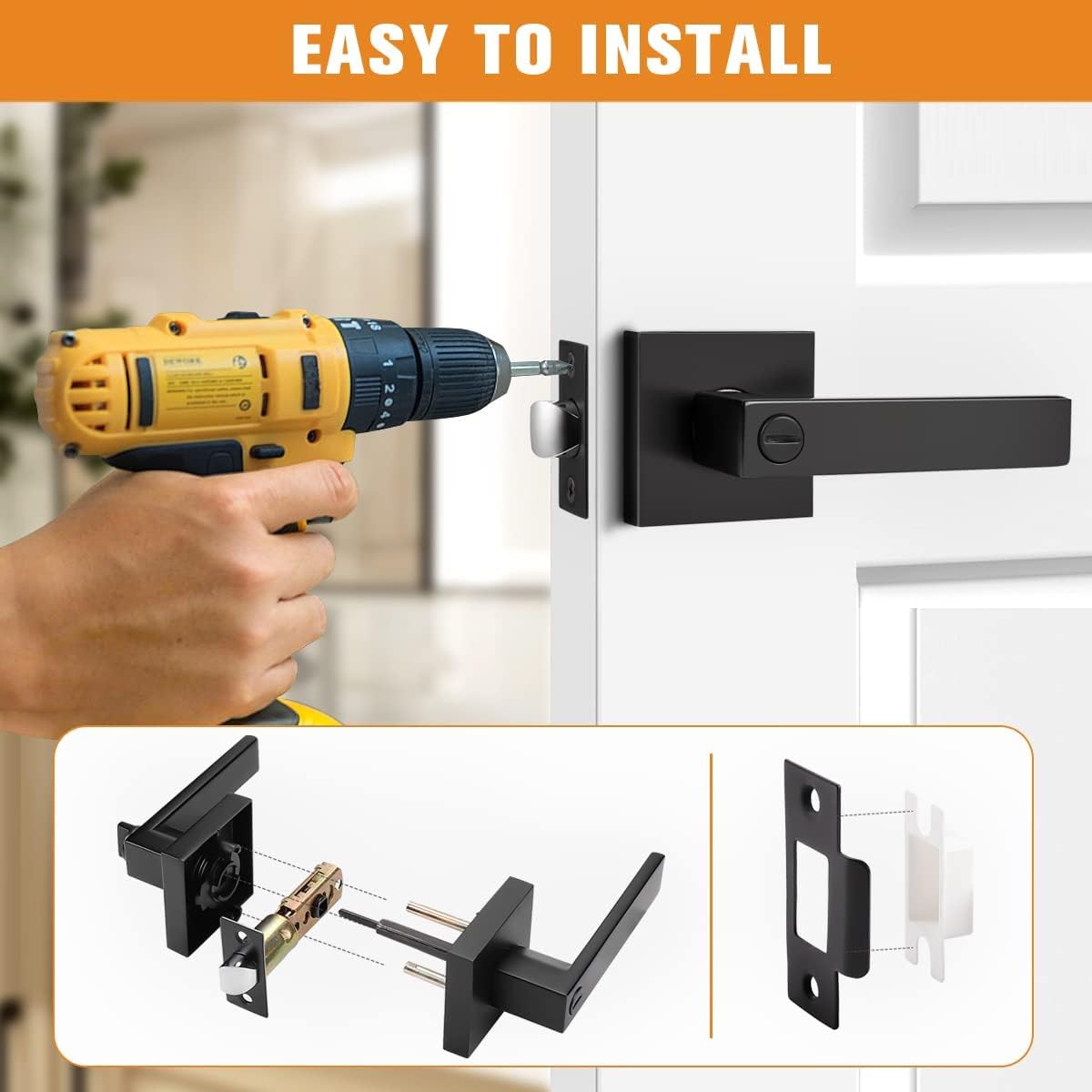 Square Door Lock Lockset for Bedroom Bathroom, Privacy Door Lever Handle - Matte Black