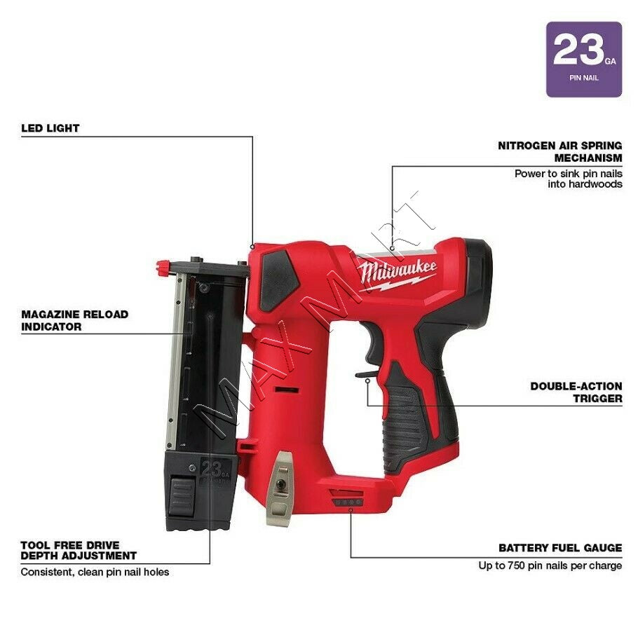 Milwaukee 2540-20 M12 23-Gauge 23GA Cordless Pin Nailer (Tool Only)