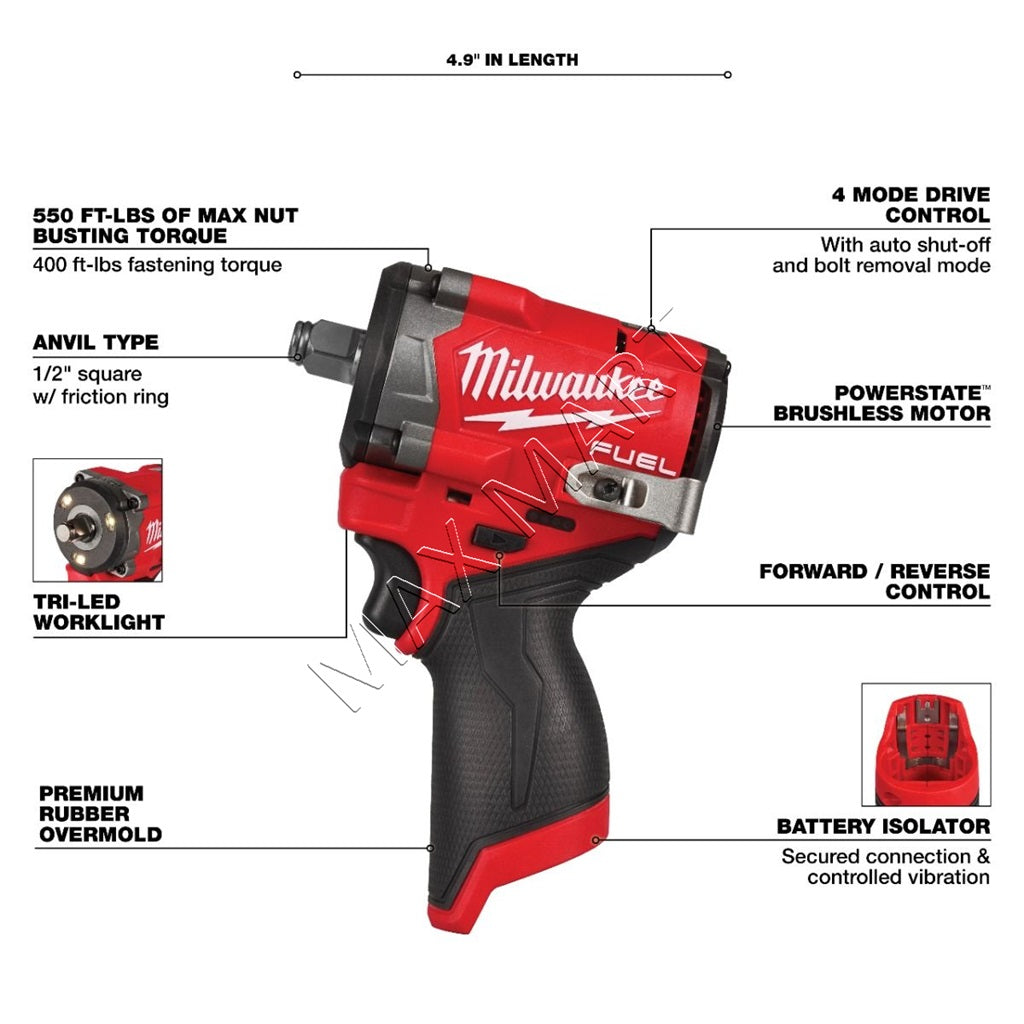 Milwaukee 2563-20 M12 FUEL Brushless Cordless 1/2-inch Stubby Impact Wrench (Tool Only)