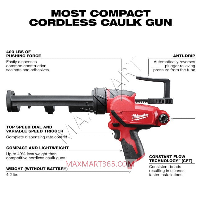 Milwaukee 2441-20 M12 Cordless Caulk and Adhesive Gun (Tool Only) - 10 oz.