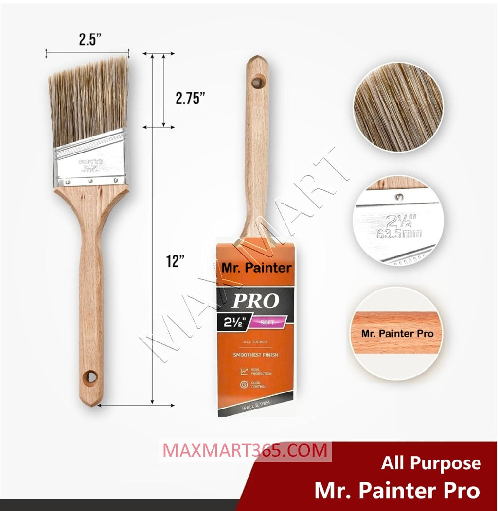 2-1/2 inch (65mm) Pro Angle Sash Paint Brush for Trim, Walls, All Latex, Oil Paints & Stains, Interior & Exterior